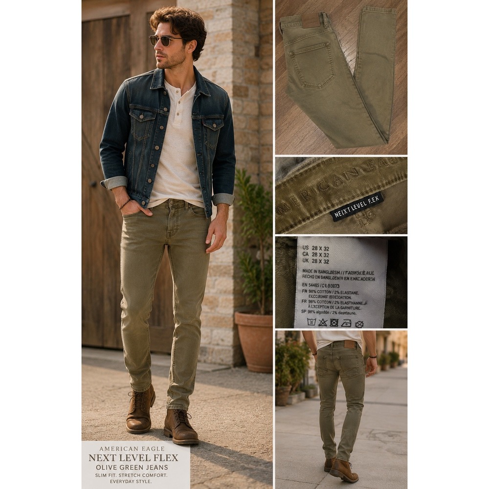 American Eagle Next Level Flex Slim Fit Jeans Olive Green mens 28x32 Stretch